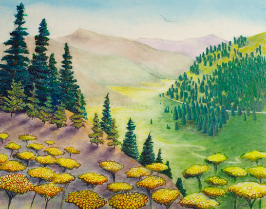 Pastel Landscape Artwork Hillside of Yarrow Flowers Mountain with Pine Trees Michele Fritz