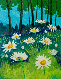 Pastel Landscape Artwork Daisies at the Lake of the Ozarks Green Grassy field Michele Fritz