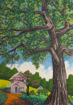 Pastel Landscape Artwork House in Countryside Rensing Center Art Residency Oak Tree Mountains of South Carolina Michele Fritz