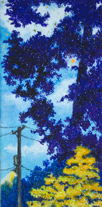 Pastel Landscape Artwork Power Lines at Night Trees Moonlight blue and yellow Michele Fritz